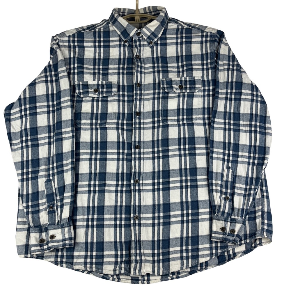Faded Glory Flannel Shirt Mens XL (46-48) Blue White Plaid Long Sleeve Cotton